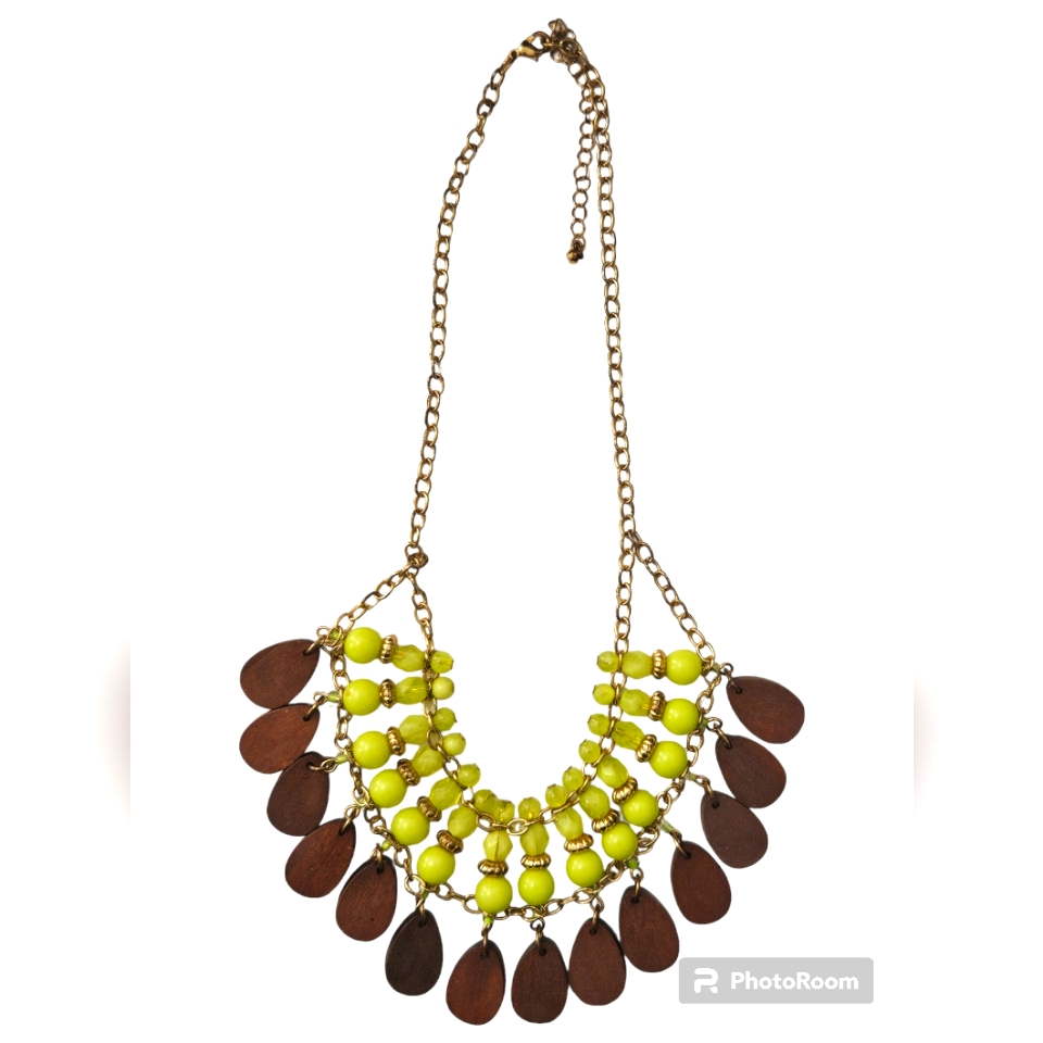Gold Chain With Lime Green Beads, Brown Teardrops Necklace Jewelry